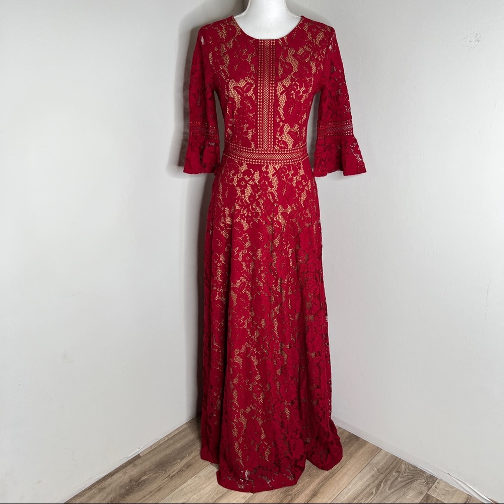 MISSMAY Full Lace Contrast Bell Sleeve Formal Long Dress Red Size S NWT - Picture 5 of 15